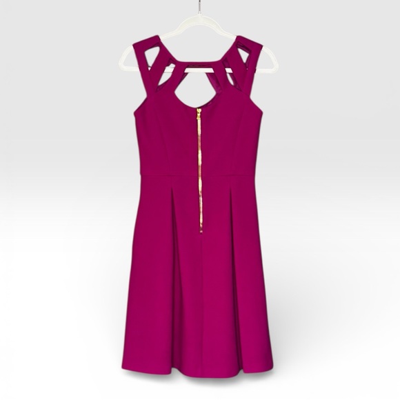 Betsey Johnson Size 4 Magenta Cutout Neckline Fit & Flare Dress Gold Zip Back - Picture 2 of 2